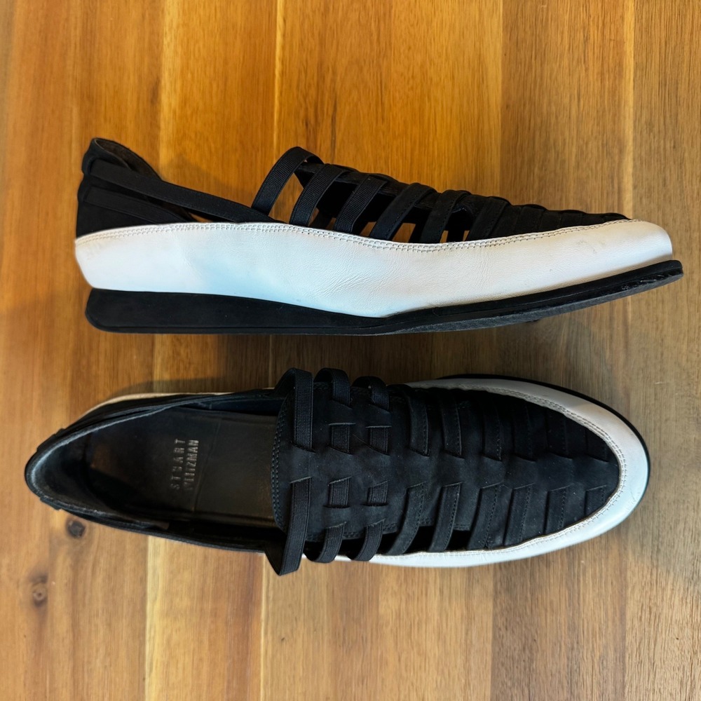 Stuart Weitzman Women 9 Black White‎ Woven Leather Suede Cage Loafers Flats